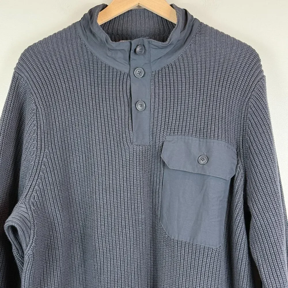 Duluth Trading Co Sweater Mens Large Blue Knit Ribbed Brigadier Button Mock Neck